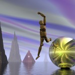 Manikin leaping from reflective sphere in fantastic landscape